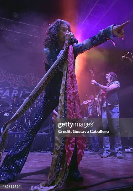 Musicians Steven Tyler of Aerosmith, Elisha Hoffman and Marti Frederiksen of Loving Mary perform onstage during the Rolling Stone LIVE Presented By...