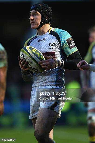 Sam Davies of Ospreys during the LV=Cup match between Gloucester Rugby and Ospreys at Kingsholm Stadium on January 31, 2015 in Gloucester, England.