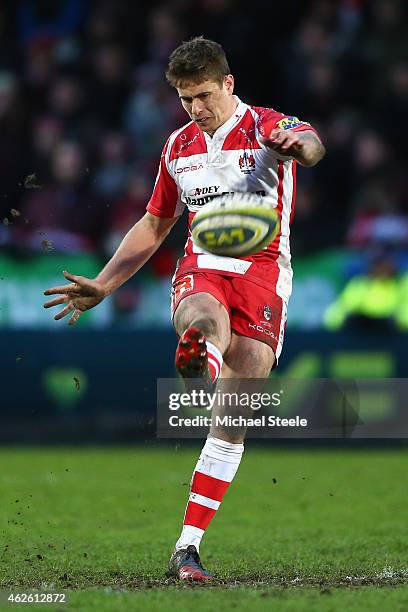Aled Thomas of Gloucester during the LV=Cup match between Gloucester Rugby and Ospreys at Kingsholm Stadium on January 31, 2015 in Gloucester,...