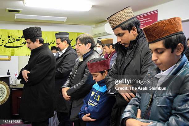 Muslims in Japan pray for Japanese hostage Kenji Goto at a mosque on February 1, 2015 in Tsushima, Aichi, Japan. The government's comprehensive...