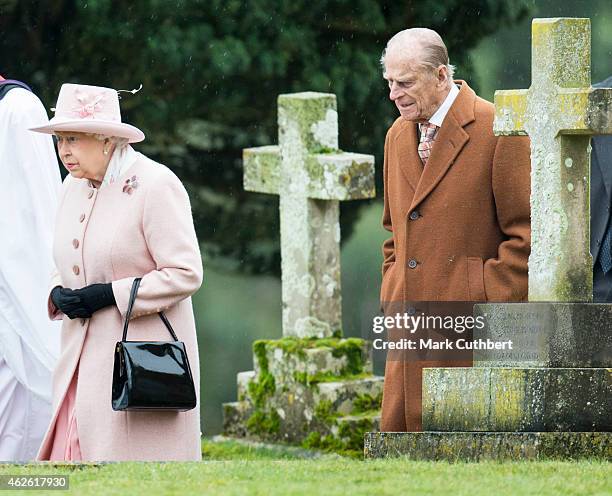 Queen Elizabeth II and Prince Philip, Duke of Edinburgh attend Sunday Church Service at West Newton on February 1, 2015 in King's Lynn, England.