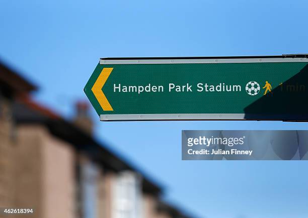 Sign for Hampden Pasrk is seen ahead of the Scottish League Cup Semi-Final between Celtic and Rangers at Hampden Park on February 1, 2015 in Glasgow,...