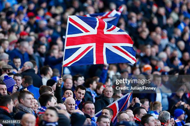 Fans fly a Union Jack flag during the Scottish League Cup Semi-Final between Celtic and Rangers at Hampden Park on February 1, 2015 in Glasgow,...