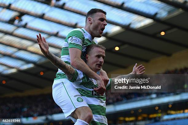 Leigh Griffiths of Celtic celebrates scoring the opening goal with Anthony Stokes of Celtic during the Scottish League Cup Semi-Final between Celtic...