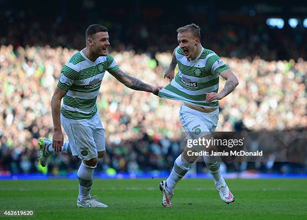 Leigh Griffiths of Celtic celebrates scoring the opening goal with Anthony Stokes of Celtic during the Scottish League Cup Semi-Final between Celtic...