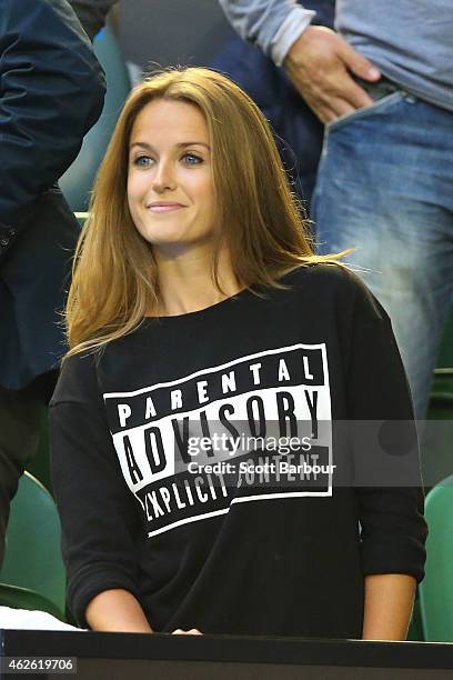 Girlfriend of Andy Murray, Kim Sears looks on ahead of his men's final match against Novak Djokovic of Serbia during day 14 of the 2015 Australian...