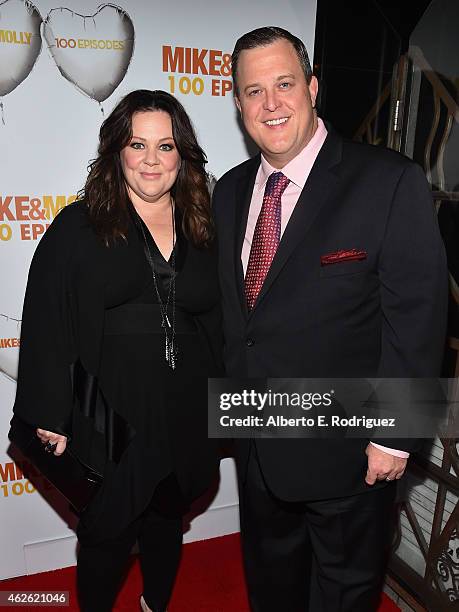 Actors Melissa McCarthy ans Billy Gardell attend CBS's "Mike & Molly" 100th Episode celebration at Cicada on January 31, 2015 in Los Angeles,...