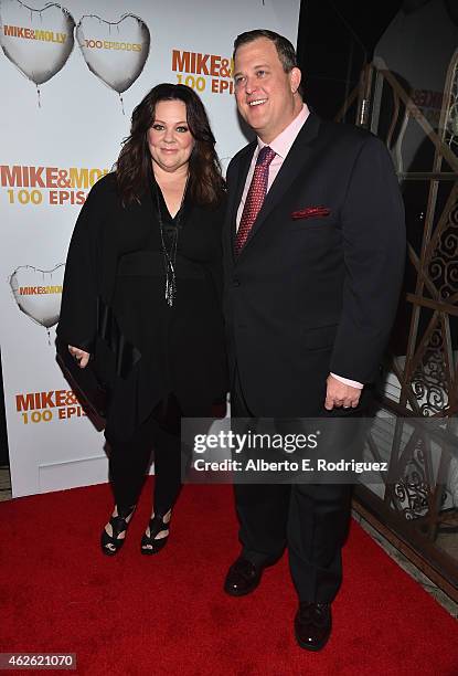 Actors Melissa McCarthy ans Billy Gardell attend CBS's "Mike & Molly" 100th Episode celebration at Cicada on January 31, 2015 in Los Angeles,...