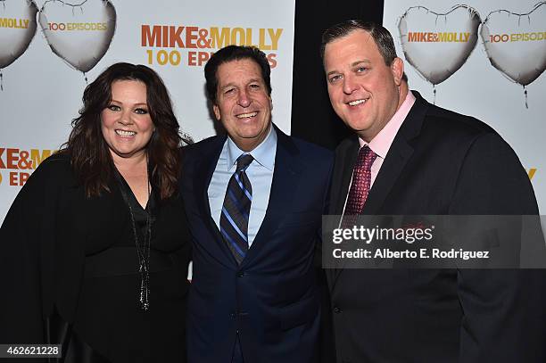 Actors Melissa McCarthy, Billy Gardell and Peter Roth, hief Content Officer, Warner Bros. Television Group attend CBS's "Mike & Molly" 100th Episode...