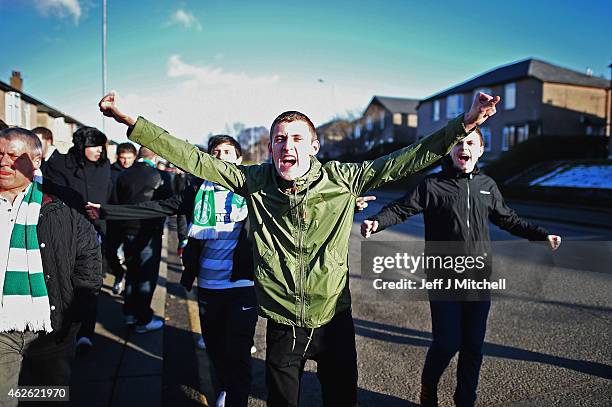 Celtic fans arrive at Hampden Park ahead of the League Cup semi final match between Celtic and Rangers on February 1, 2105 in Glasgow, Scotland. One...