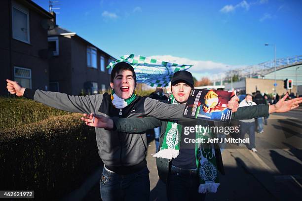 Celtic fans arrive at Hampden Park ahead of the League Cup semi final match between Celtic and Rangers on February 1, 2105 in Glasgow, Scotland. One...