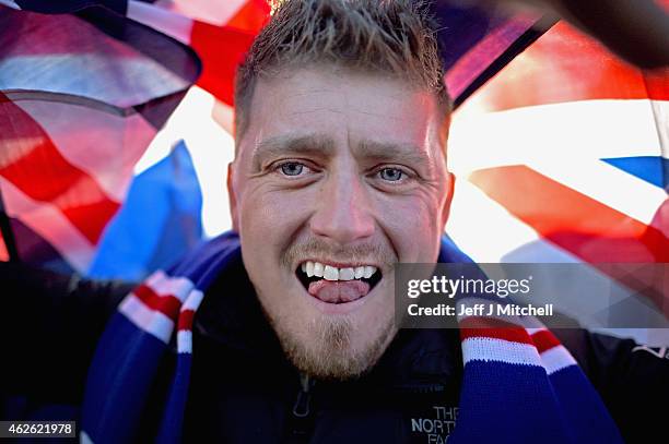 Rangers fan arrives at Hampden Park ahead of the League Cup semi final match between Celtic and Rangers on February 1, 2105 in Glasgow, Scotland. One...