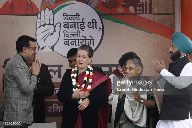 Congress President Sonia Gandhi along with party leaders Ajay Maken, Arvinder Singh Lovely and Sheila Dikshit during an election rally at Meethapur...