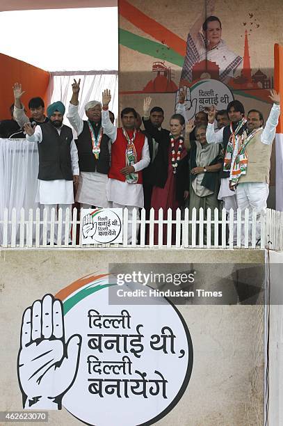 Congress President Sonia Gandhi along with party leaders Ajay Maken, Arvinder Singh Lovely and Sheila Dikshit during an election rally at Meethapur...