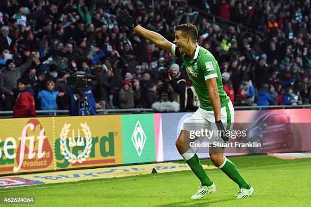 Franco di Santo of Bremen celebrates his team's second goal during the Bundesliga match between SV Werder Bremen and Hertha BSC at Weserstadion on...