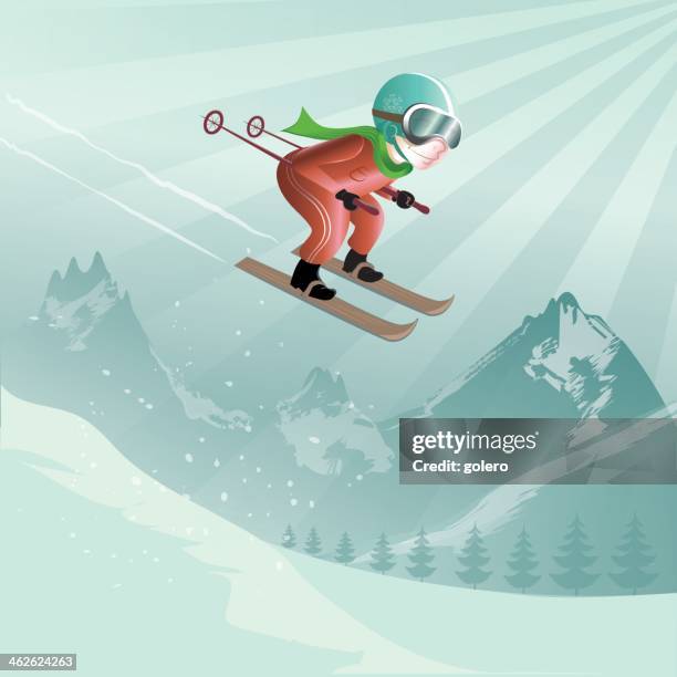 ilustraciones, imágenes clip art, dibujos animados e iconos de stock de salto con esquís en las altas montañas - esquí de fuera de pista