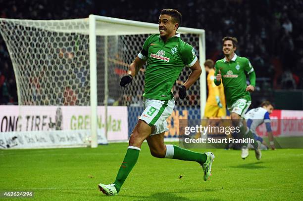 Franco di Santo of Bremen celebrates his team's second goal during the Bundesliga match between SV Werder Bremen and Hertha BSC at Weserstadion on...