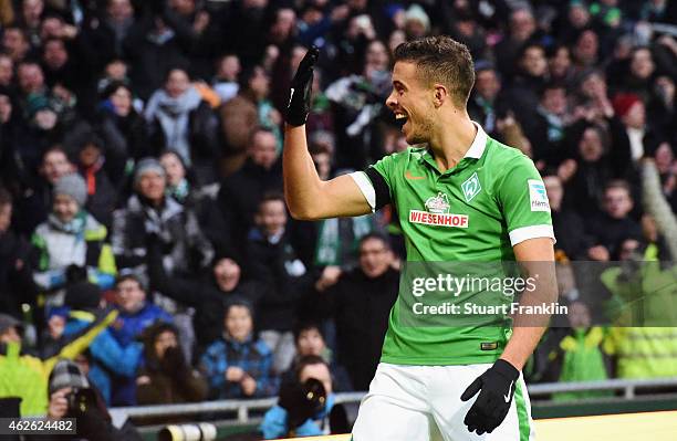 Franco di Santo of Bremen celebrates his team's second goal during the Bundesliga match between SV Werder Bremen and Hertha BSC at Weserstadion on...