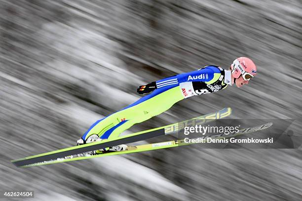 Severin Freund of Germany soars through the air during the FIS Ski Jumping World Cup on February 1, 2015 in Willingen, Germany.