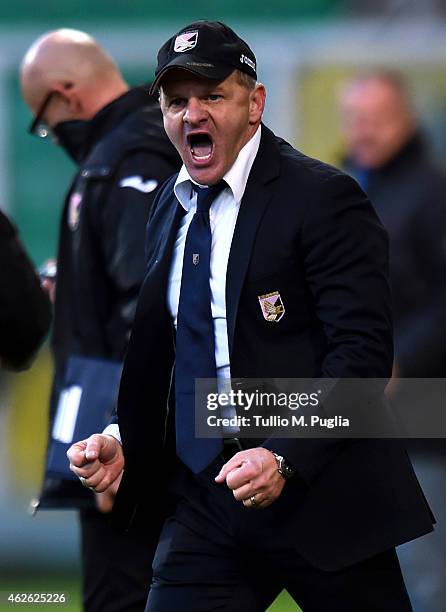 Head coach Giuseppe Iachini of Palermo celebrates after winning the Serie A match between US Citta di Palermo and Hellas Verona FC at Stadio Renzo...