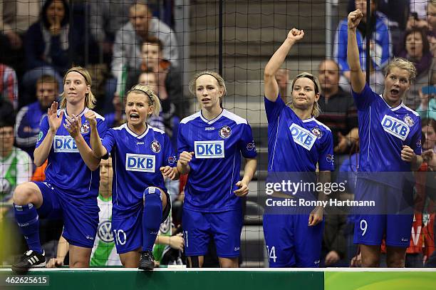 Stefanie Draws, Julias Simic, Pauline Bremer, Jennifer Zietz and Ada Hegerberg of 1. FFC Turbine Potsdam react during the DFB Women's Indoor Cup 2013...