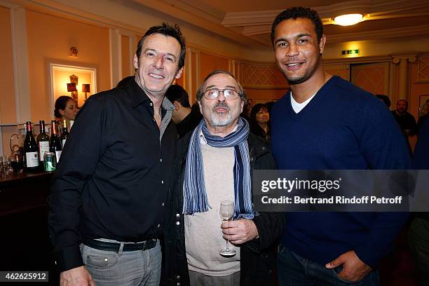 Actors Jean-Luc Reichmann, Raymond Acquaviva and player Thierry Dusautoir attend France Rugby Team for '2015, 6 Nations Tournament' is Guest of Honor...