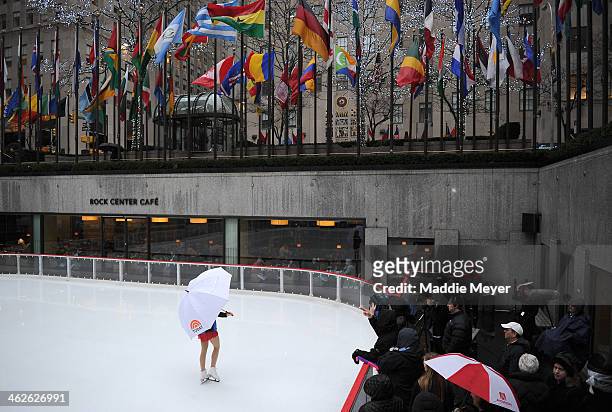 Olympic figure skater Gracie Gold prepares to perform at The Rink at Rockefeller Center on January 14, 2014 in New York City.