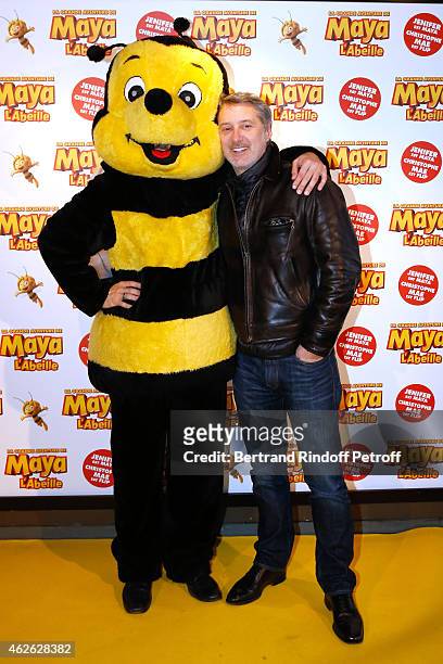 Host Christophe Beaugrand and actor Antoine de Caunes attend the 'Maya The Bee - La Grande Aventure De Maya L'Abeille' Paris Premiere at UGC Cine...
