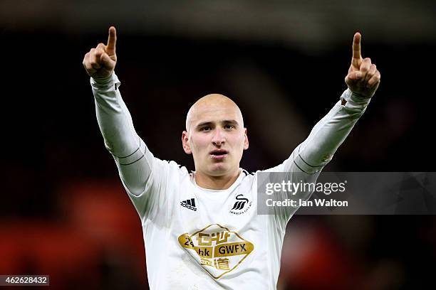 Jonjo Shelvey of Swansea City celebrates after scoring the opening goal during the Barclays Premier League match between Southampton and Swansea City...