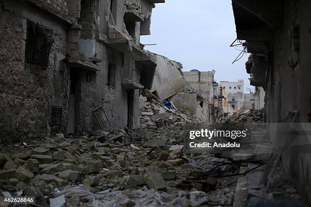 General view of destroyed buildings in Ashrafieh district during the operation staged by 16th division members of Free Syrian Army with howitzers,...