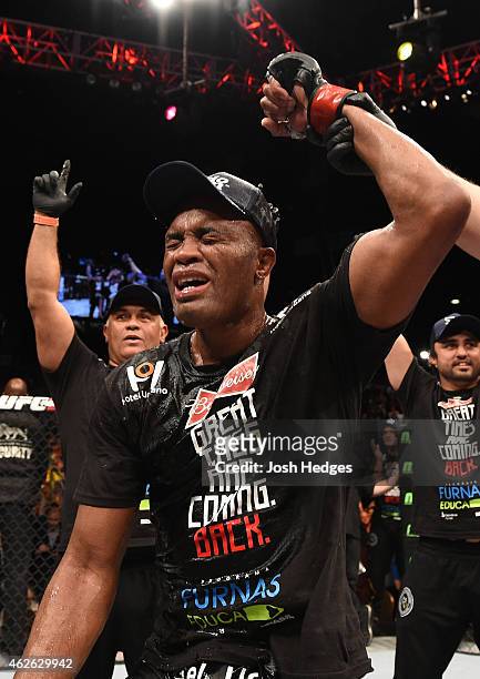 Anderson Silva of Brazil celebrates after his unanimous-decision victory over Nick Diaz in their middleweight fight during the UFC 183 event at the...