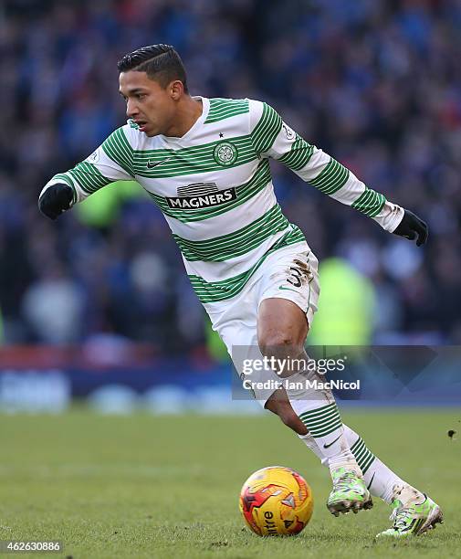 Celtic's Honduran defender Emilio Izaguirre controls the ball during the Scottish League Cup Semi-Final football match between Celtic and Rangers at...