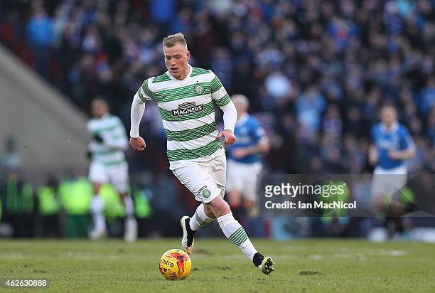 Celtic's Swedish forward John Guidetti controls the ball during the Scottish League Cup Semi-Final football match between Celtic and Rangers at...