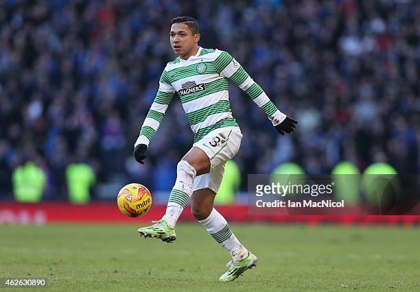 Celtic's Honduran defender Emilio Izaguirre controls the ball during the Scottish League Cup Semi-Final football match between Celtic and Rangers at...