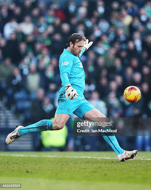 Steve Simonsen of Rangers kicks the ball during the Scottish League Cup Semi-Final football match between Celtic and Rangers at Hampden Park on...