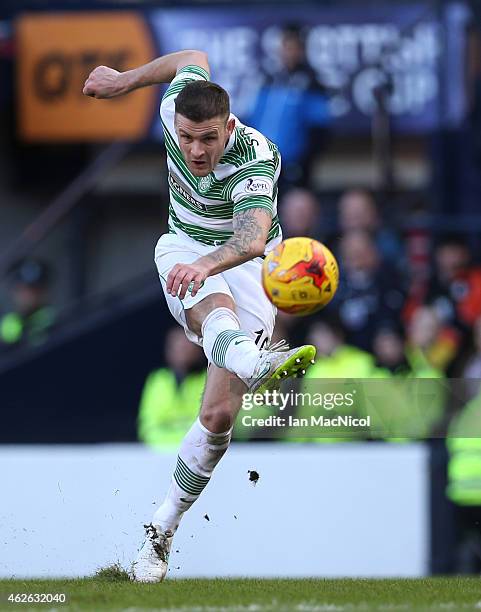 Celtic's Irish forward Anthony Stokes shoots at goal during the Scottish League Cup Semi-Final football match between Celtic and Rangers at Hampden...