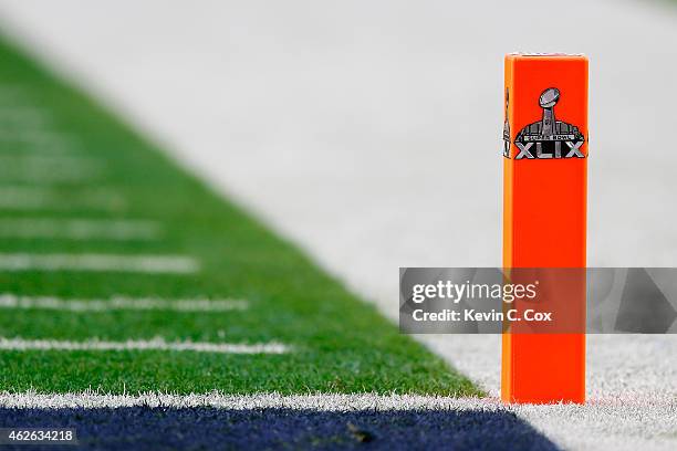 An endzone pylon sits on the field before Super Bowl XLIX between the New England Patriots and Seattle Seahawks at University of Phoenix Stadium on...