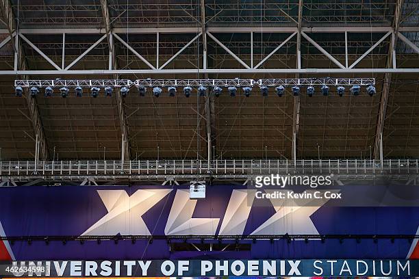 General view inside University of Phoenix Stadium prior to Super Bowl XLIX between the New England Patriots and the Seattle Seahawks on February 1,...