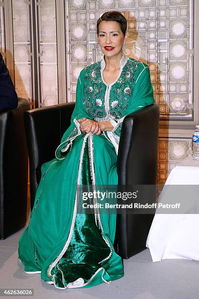 The Princess Lalla Meryem of Morocco delivers the insignia of the Order of the Throne. Held at Institut du Monde Arabe on February 1, 2015 in Paris,...