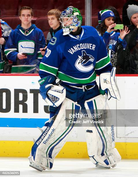 Joacim Eriksson of the Vancouver Canucks skate up ice during their NHL game against the Philadelphia Flyers at Rogers Arena December 30, 2013 in...