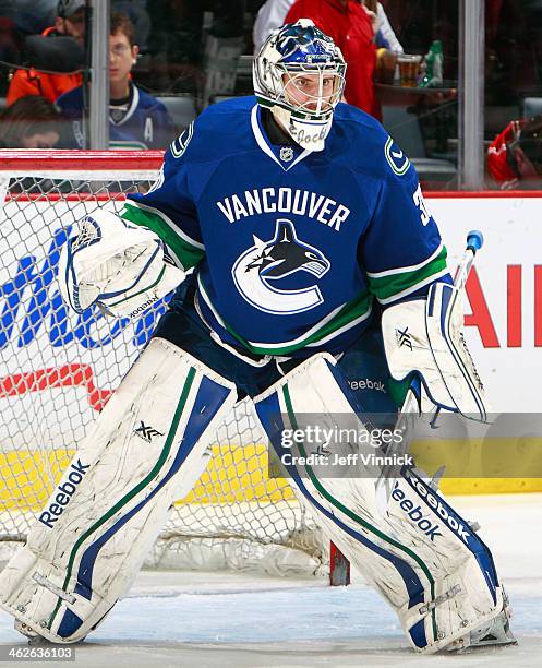 Joacim Eriksson of the Vancouver Canucks looks on from his crease during their NHL game against the Philadelphia Flyers at Rogers Arena December 30,...