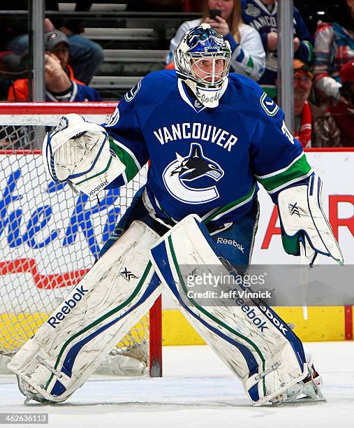 Joacim Eriksson of the Vancouver Canucks looks on from his crease during their NHL game against the Philadelphia Flyers at Rogers Arena December 30,...