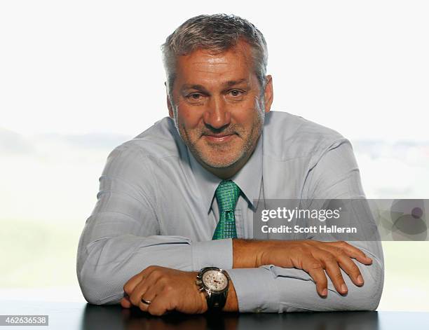 Frank Nobilo poses in the CBS Sports tower behind the 18th green during the final round of the Waste Management Phoenix Open at TPC Scottsdale on...