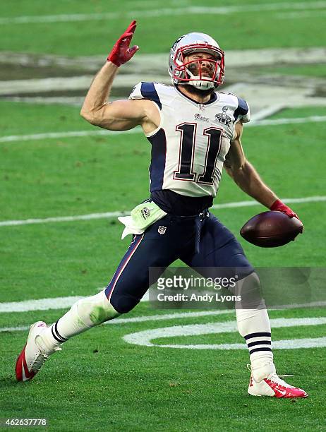 Julian Edelman of the New England Patriots reacts after a catch for a first down in the second quarter against the Seattle Seahawks during Super Bowl...