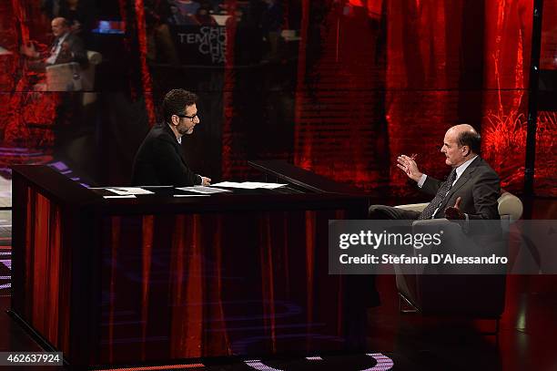 Fabio Fazio and Pierluigi Bersani attend ''Che Tempo Che Fa' TV Show on February 1, 2015 in Milan, Italy.