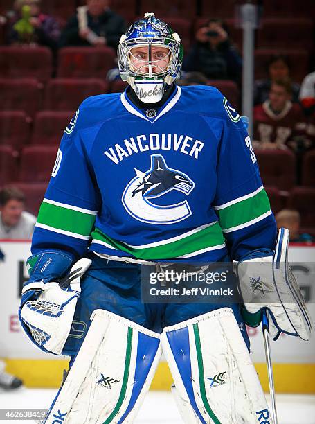 Joacim Eriksson of the Vancouver Canucks skate up ice during their NHL game against the Philadelphia Flyers at Rogers Arena December 30, 2013 in...