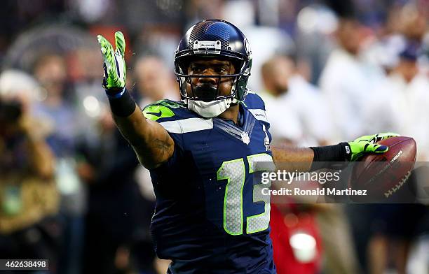 Chris Matthews of the Seattle Seahawks reacts after making a catch against the New England Patriots in the second quarter during Super Bowl XLIX at...