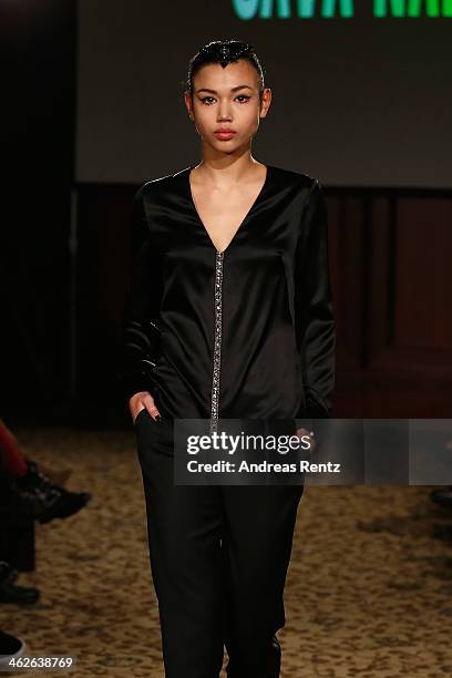 Model walks the runway at the Sava Nald show during the Mercedes-Benz Fashion Week Autumn/Winter 2014/15 at Hotel Adlon on January 14, 2014 in...