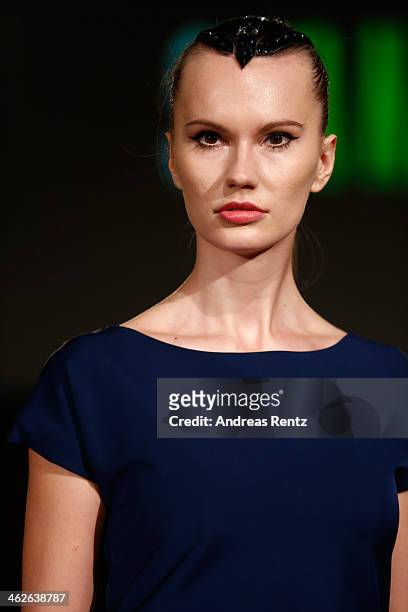 Model walks the runway at the Sava Nald show during the Mercedes-Benz Fashion Week Autumn/Winter 2014/15 at Hotel Adlon on January 14, 2014 in...