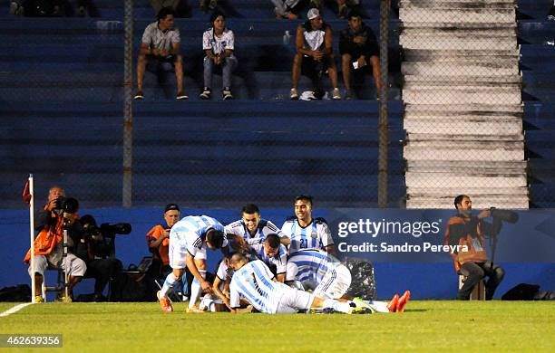 Players of Argentina celebrate the second goal of their team scored by Rodrigo Contreras during a match between Argentina and Brazil as part of South...